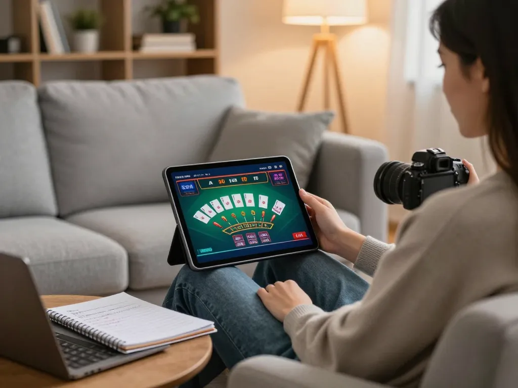 GEM88 user engaging with online blackjack on tablet in a cozy home setting.