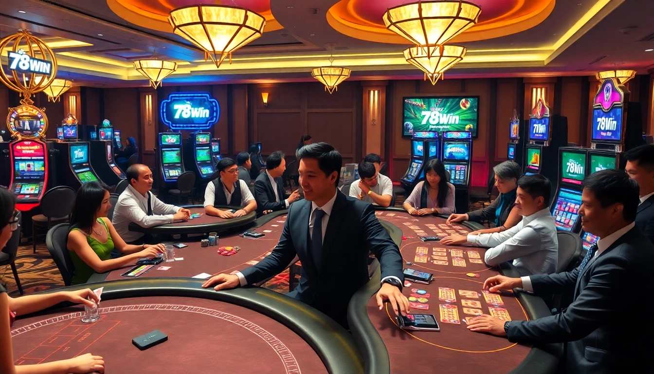 Engaged players enjoying a lively game at 78Win online casino, illuminated by vibrant lights and slot machines.