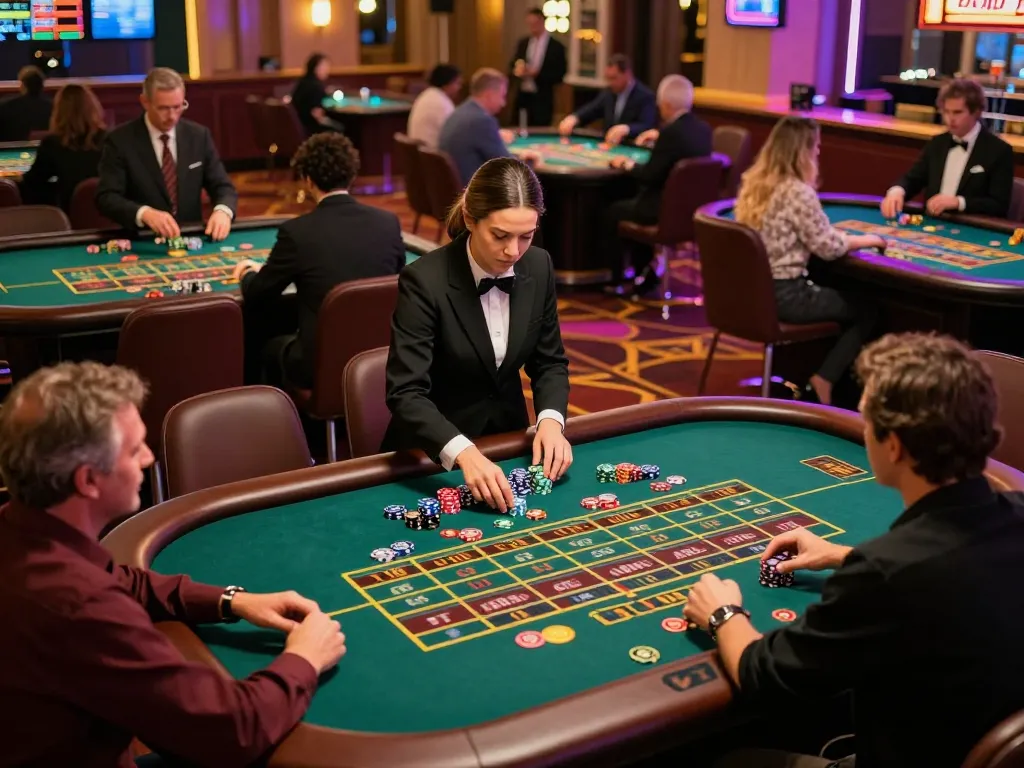 Engaged players at TR88 roulette tables placing bets amidst vibrant casino atmosphere