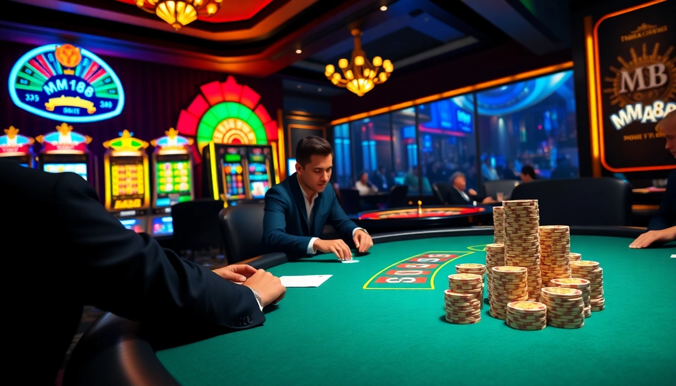 Engaging scene showcasing MM88 online gambling with a poker table and vibrant slot machines.