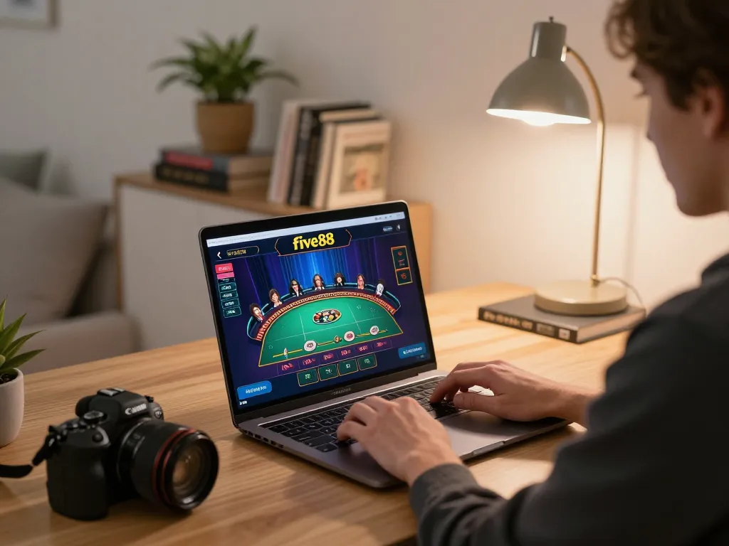 Engaging with live dealer games on five88 in a cozy home setup, highlighting responsible gambling practices