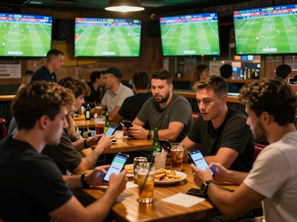 Soccer fans actively betting during live matches in a lively sports bar setting.