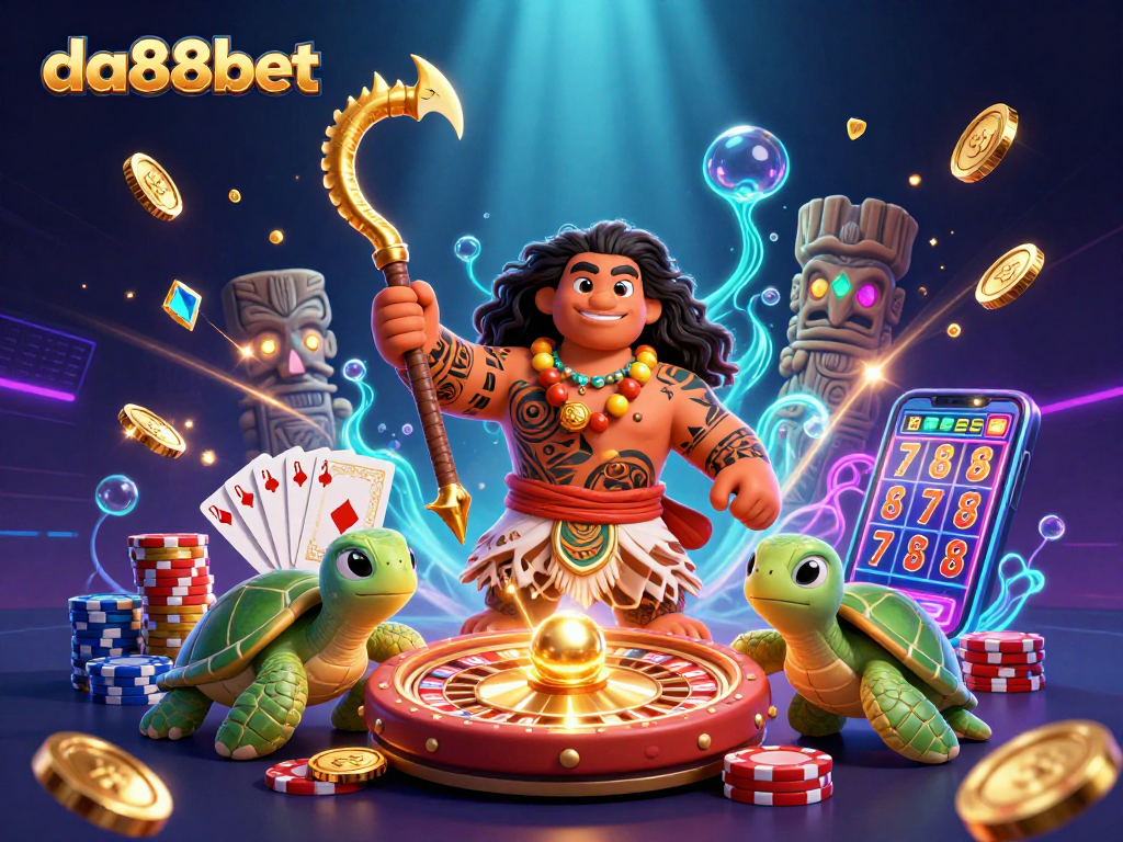 Join the fun at da88bet with a stunning illustration of a hawk and turtle enjoying casino games and riches.