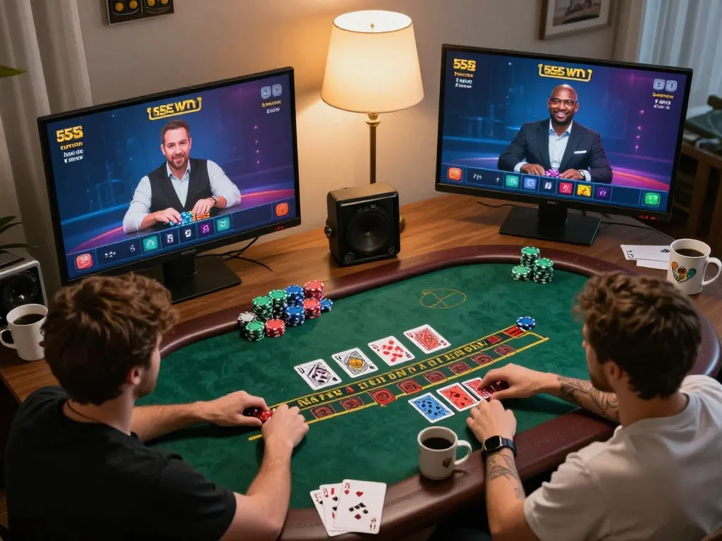 Playing blackjack at home on 555win com with live dealer interaction and an inviting setup