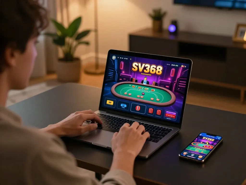 Player enjoying the SV368 app on a laptop, showcasing engaging casino graphics and a vibrant home setting