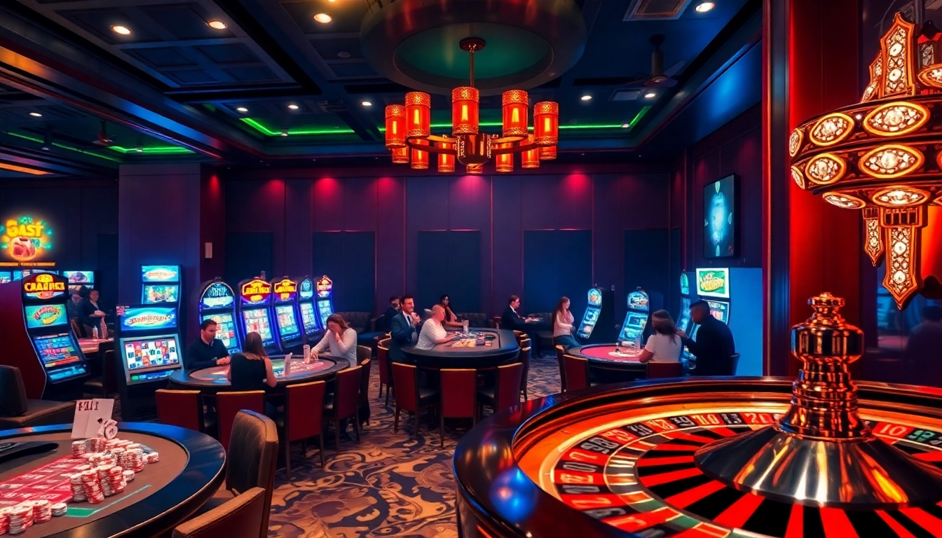 Experience the thrill of Nhà cái lucky88 with an exciting casino ambiance featuring gaming tables and slot machines.