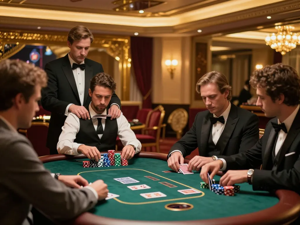 Lu88 players engaged in high-stakes poker with dealer during intense game in luxury casino.