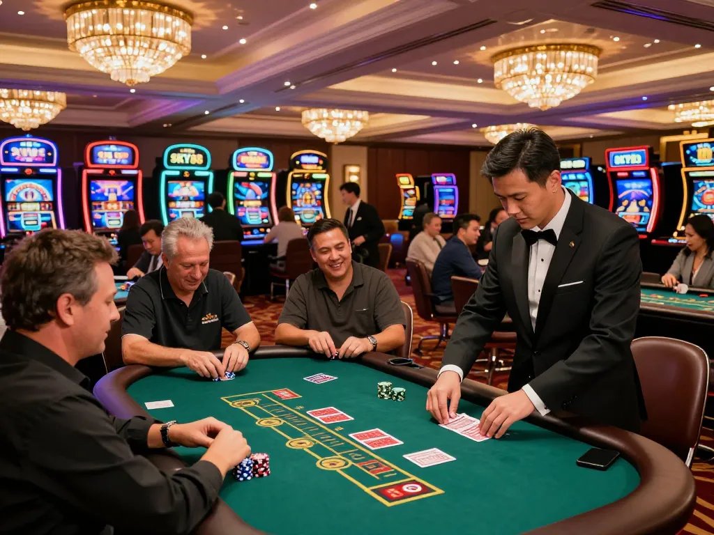 Experience the excitement of SKY88 hiện đang mở with players enjoying blackjack and roulette in a vibrant casino.