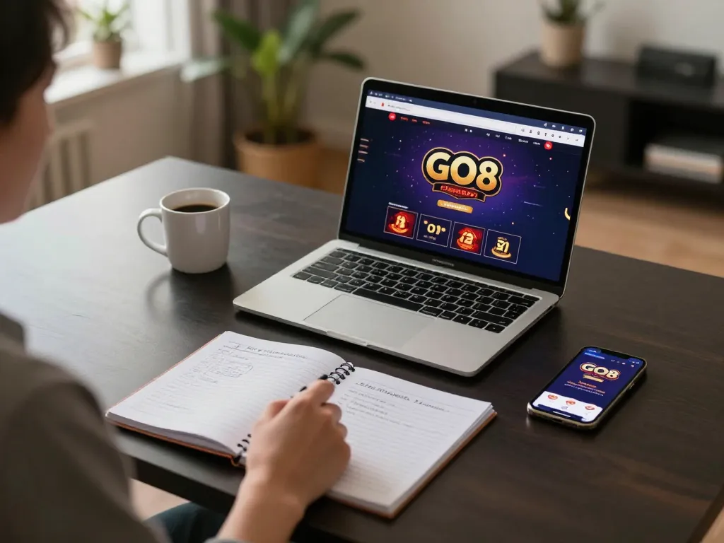 Engaged player using the GO8 casino platform on a laptop, integrating responsible gaming practices.