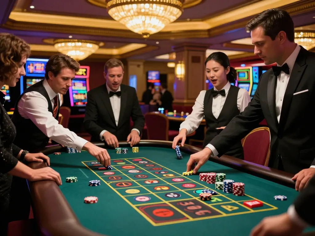 Players engaging with the thrilling roulette game at a luxurious casino, highlighting the excitement of DA88 gambling.