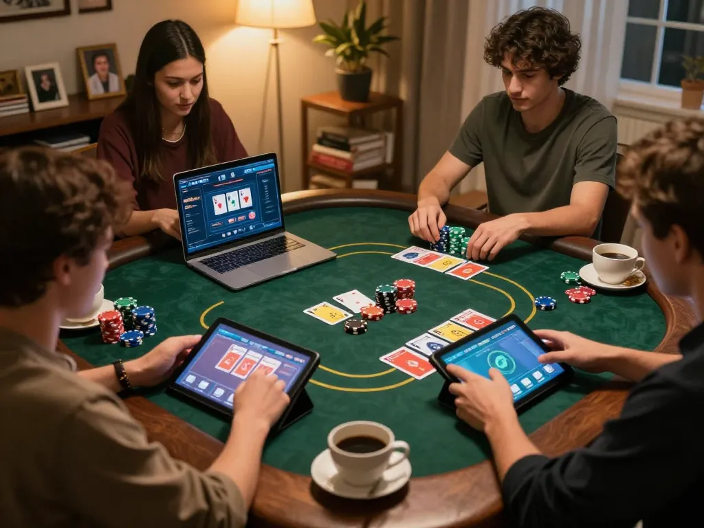 Players engage in an intense o8 online poker game at home, showcasing vibrant cards and strategic gameplay.