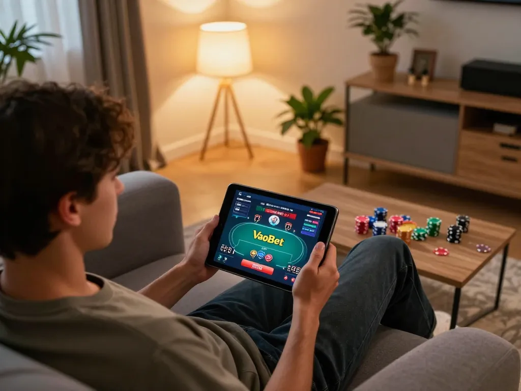 Engage in strategic gameplay with VaoBet's online gaming setup at home.