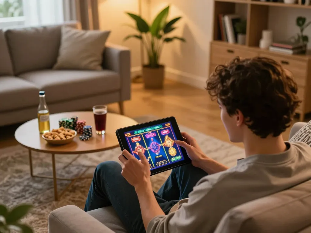 Enjoying an exciting gaming session at lc88 on a tablet in a cozy home setting.