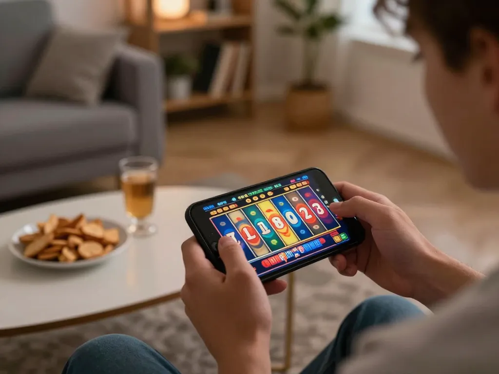 Engaging gameplay on 789 win mobile app, highlighting exciting slot reel spins in cozy home setting.