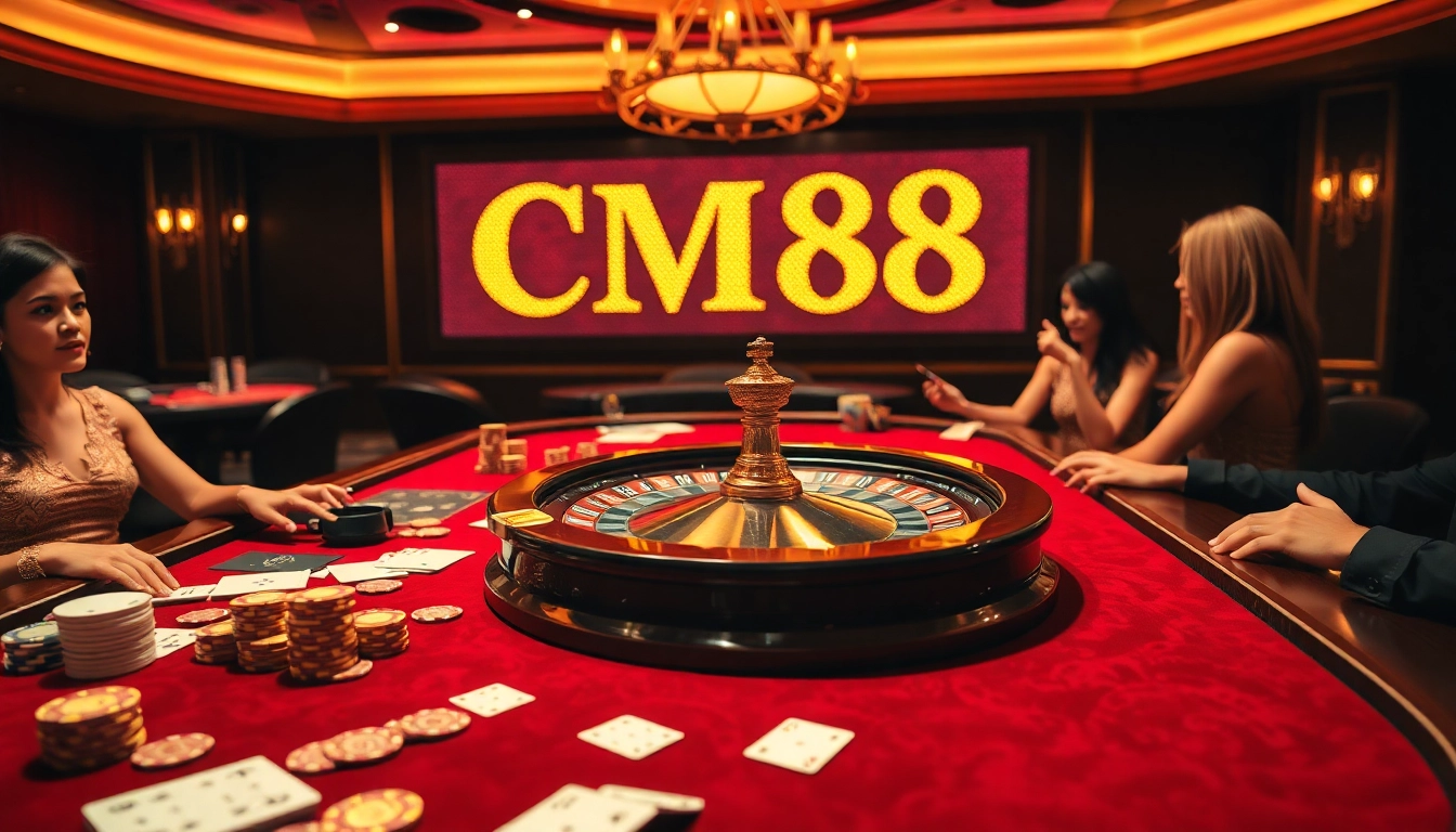 Gambling excitement at a casino showcasing CM88 on a digital display amidst poker chips and cards.