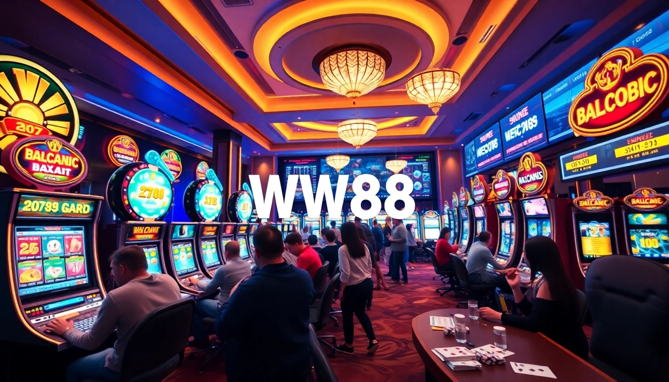 WW88 vibrant casino scene with players enjoying baccarat and slot machines.