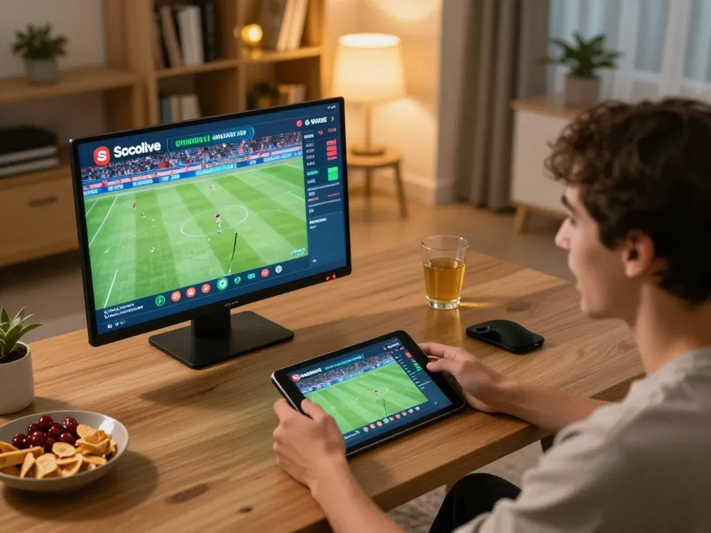 Socolive user engaged in online sports betting with active match interface on tablet, creating an immersive gaming experience.