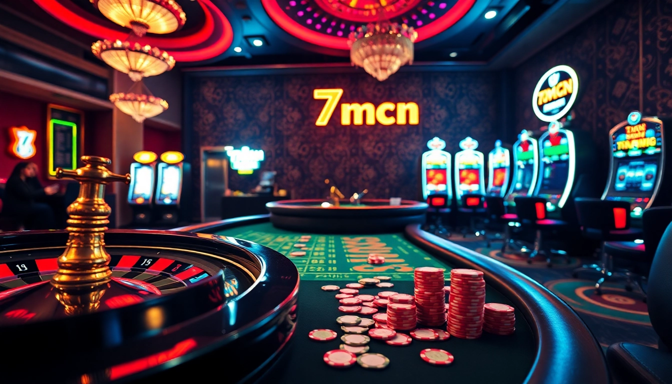 Players enjoying thrilling games at a sophisticated casino with 7mcn elements, highlighting excitement and luxury.