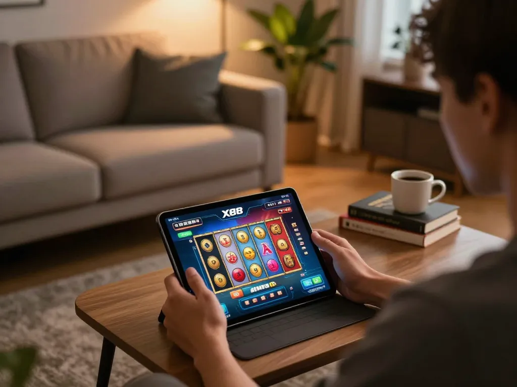 X88 game enthusiast engaging in online slots on a tablet in a cozy living room setting.