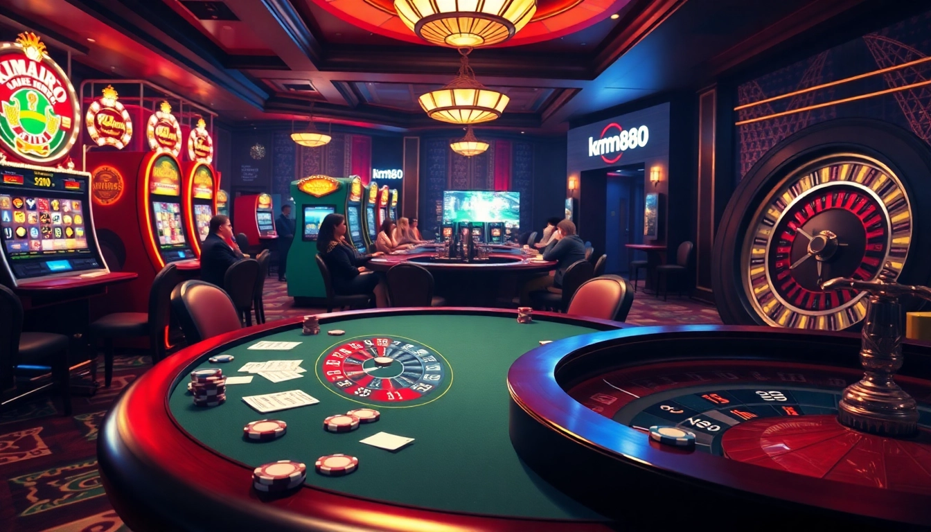 Engaged players at a KM88 poker table in a luxurious casino environment filled with excitement.