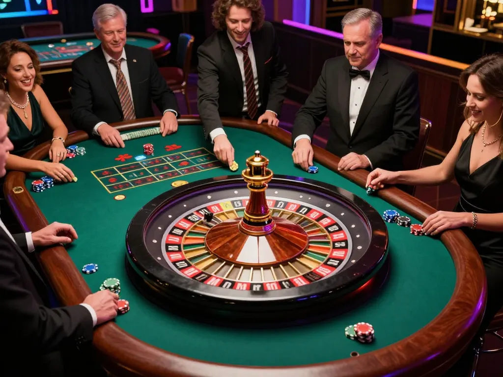 56WIN players engaging in an exciting roulette game at a lively casino table.