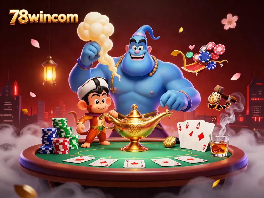 Experience exhilarating action at 78wincom with a vibrant casino scene featuring a blue genie and poker elements.