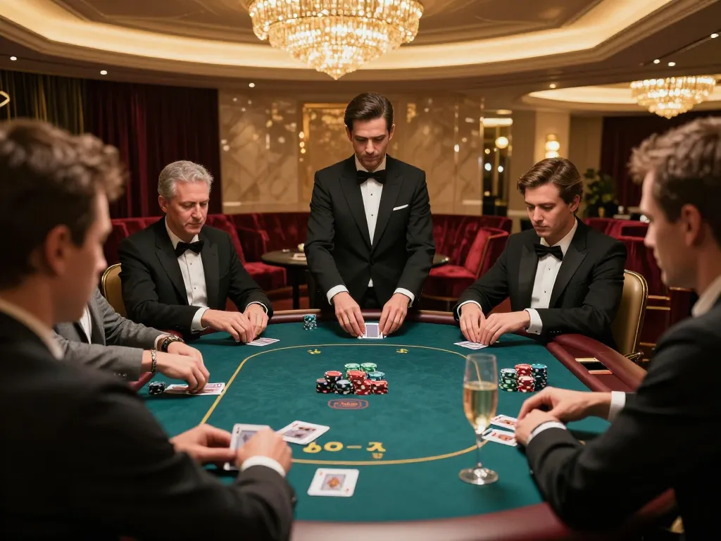 Lode88vi players engage in high-stakes a poker game in an opulent VIP casino room.