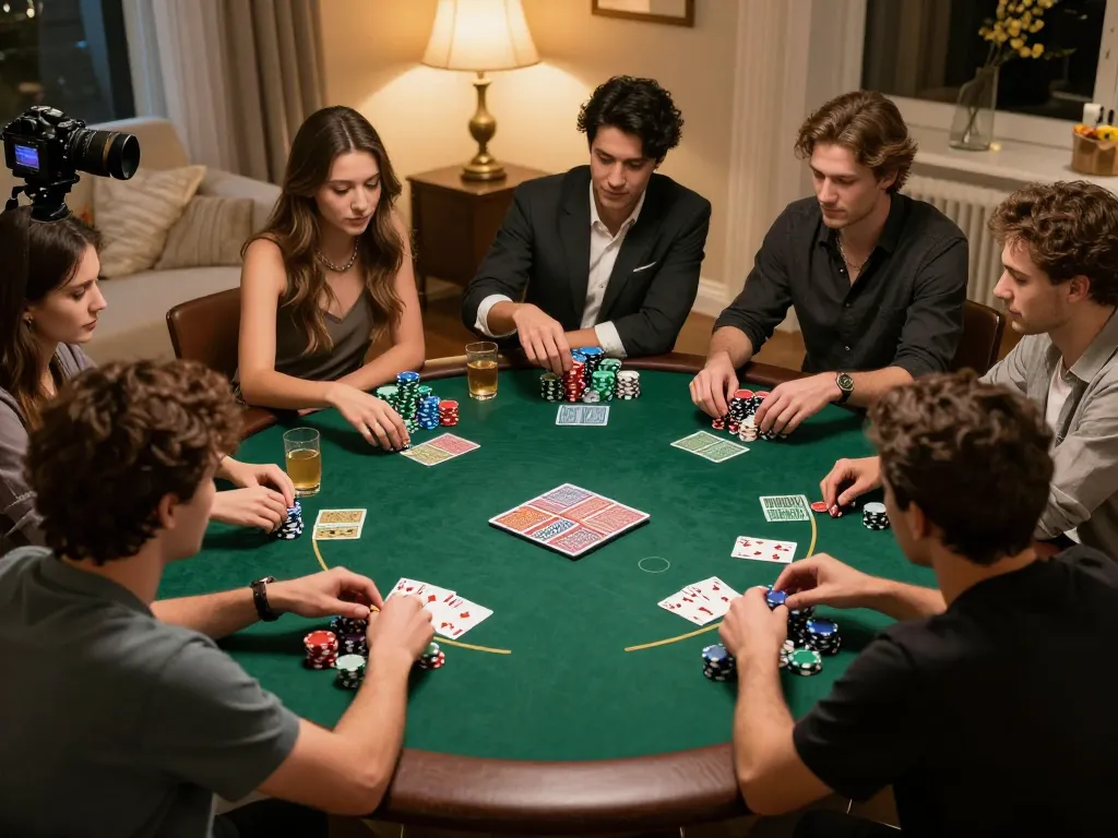 Friends playing poker at home, enjoying a night of strategic gameplay with sunwin-themed stakes.