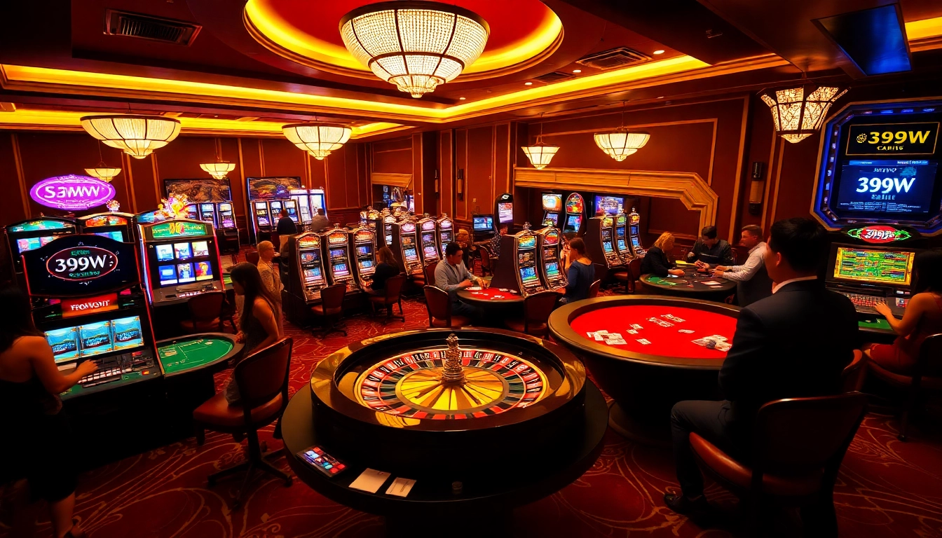 Experience the excitement of 399W with players at casino tables and vibrant slot machines.