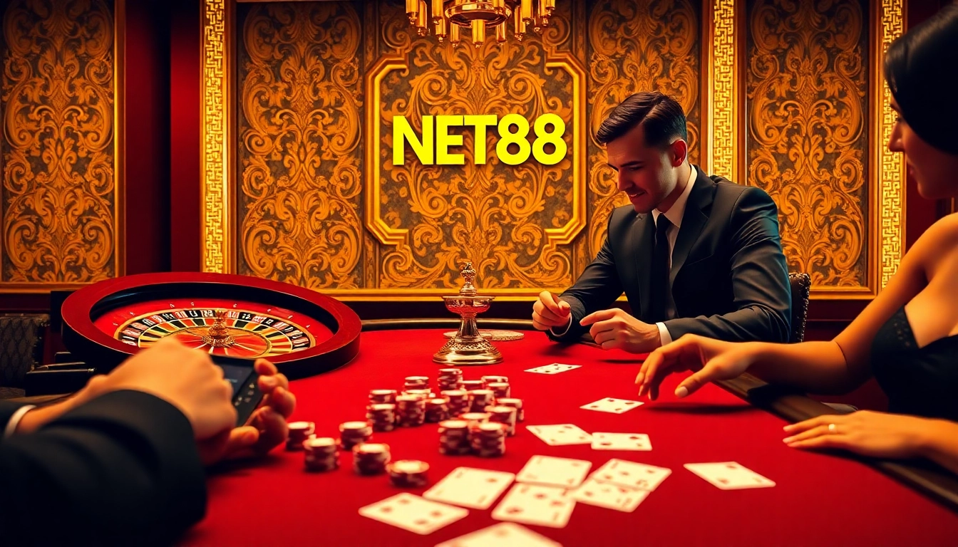 NET88 online gaming table with poker chips and playing cards, showcasing a vibrant atmosphere.
