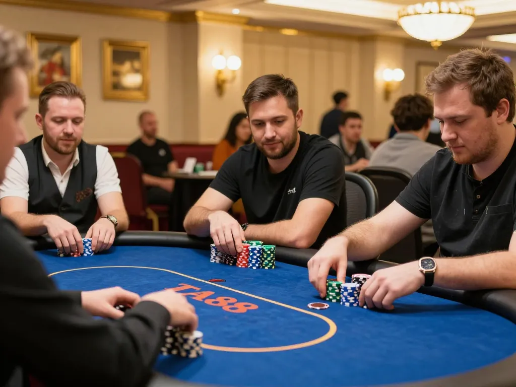 Players enjoying a captivating poker game at TA88, showcasing strategic moves and dynamic energy.