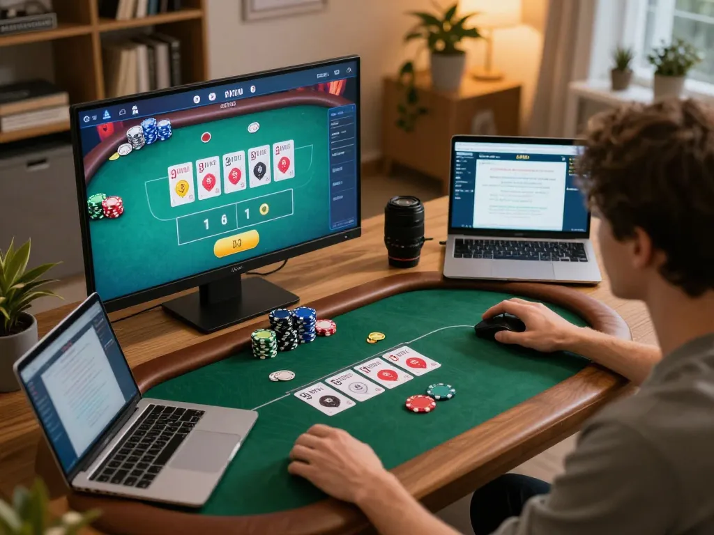 Nohu90 poker strategy session in a home office, showcasing strategic gameplay on a computer screen
