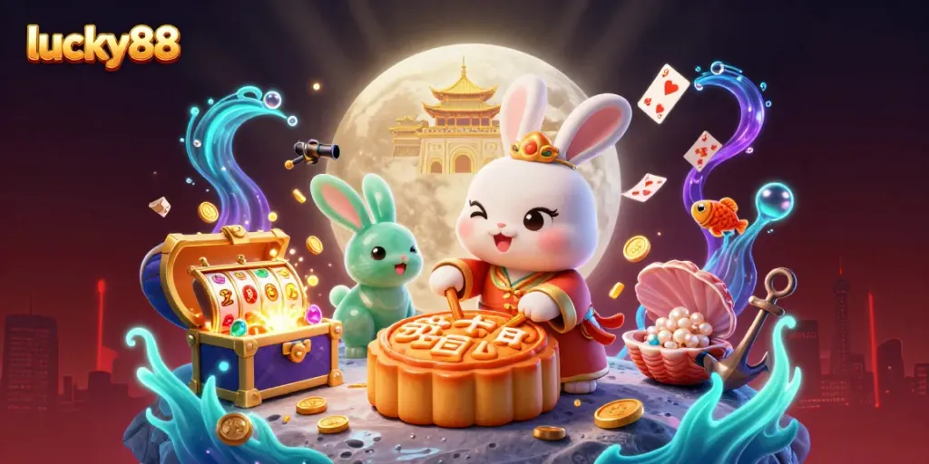 Experience thrilling gameplay with lucky88's cartoon moon rabbit and vibrant casino elements in a magical scene.