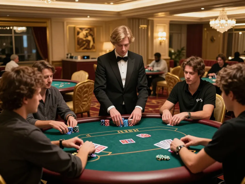Players engaging in an intense poker game at a luxurious casino setting, showcasing the excitement of 98win9.