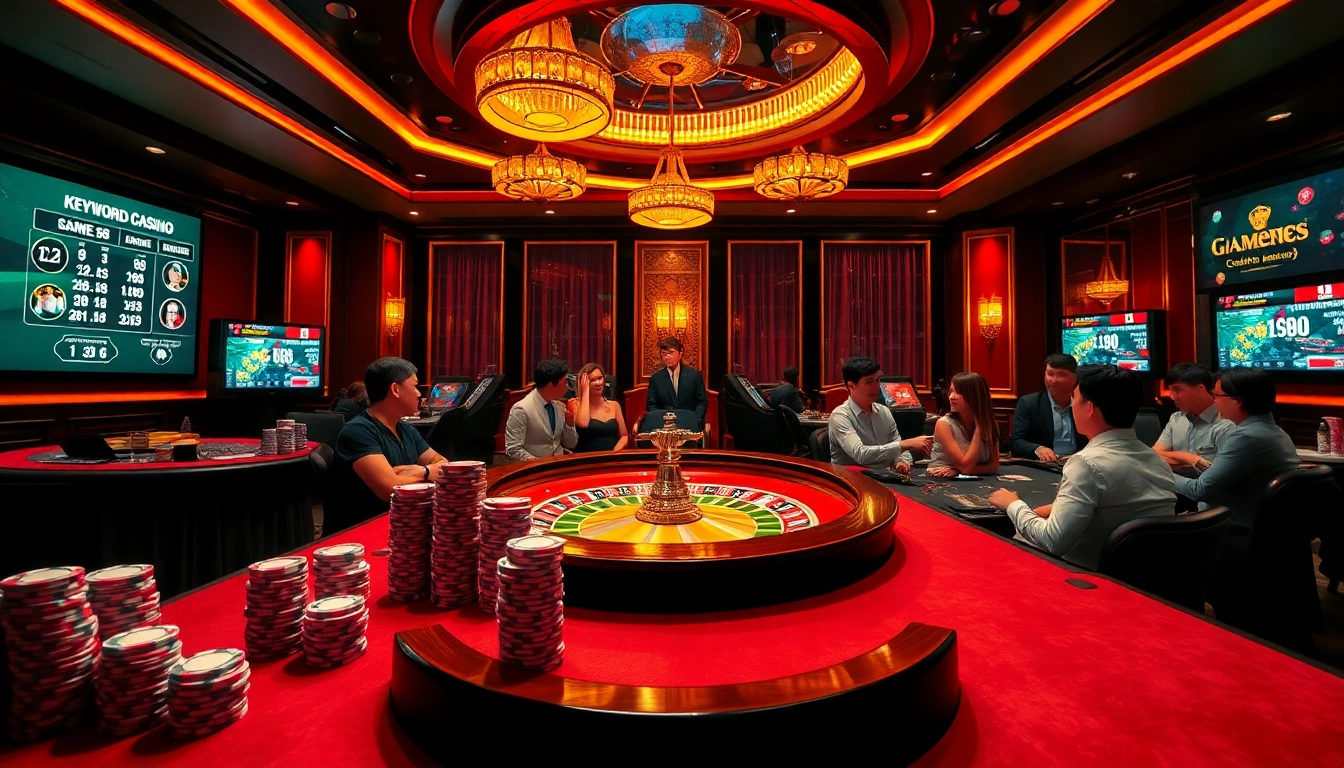 Exciting gaming scene at qq88 casino with roulette wheel, poker chips, and players.