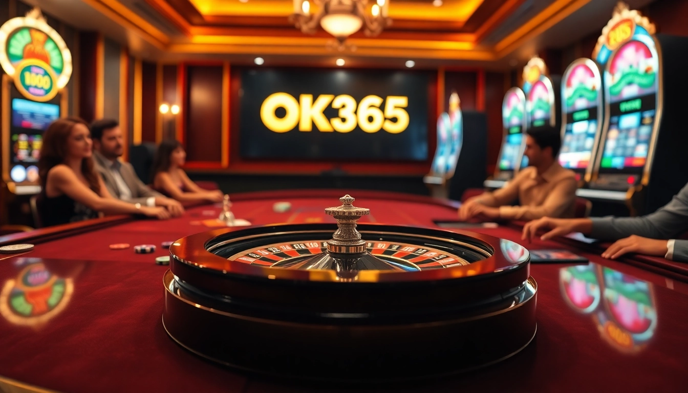 Players enjoying a vibrant gambling atmosphere at OK365 casino with poker chips and roulette.