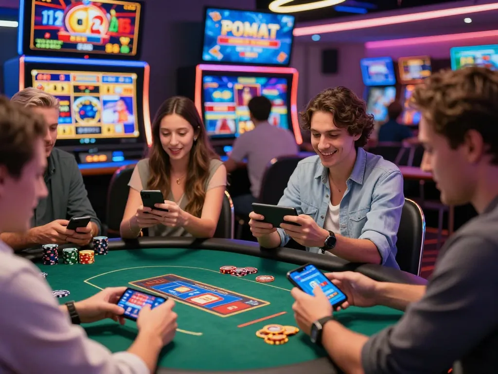 Diverse players engaging with games from https://bl555.productions/ in a vibrant online casino atmosphere with dynamic graphics and mobile devices.