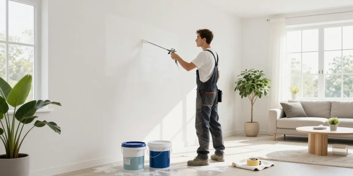 Professionele schilder die latex spuiten aanbrengt in een lichte moderne woonkamer, en de kwaliteit van de wandafwerking toont.