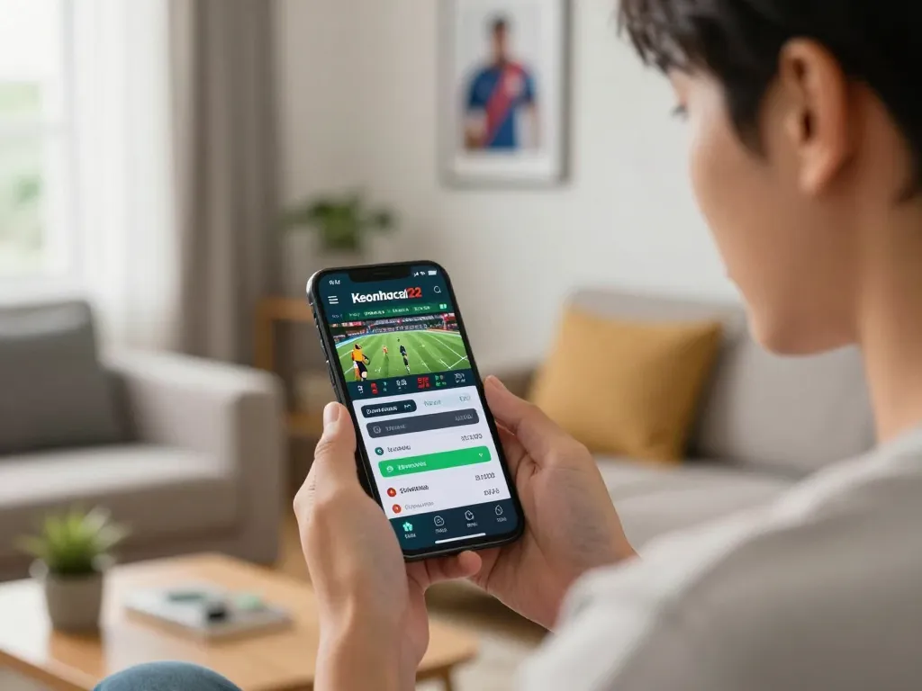 Engaged user placing strategic bets on keonhacai22 sports betting app in a modern living room.