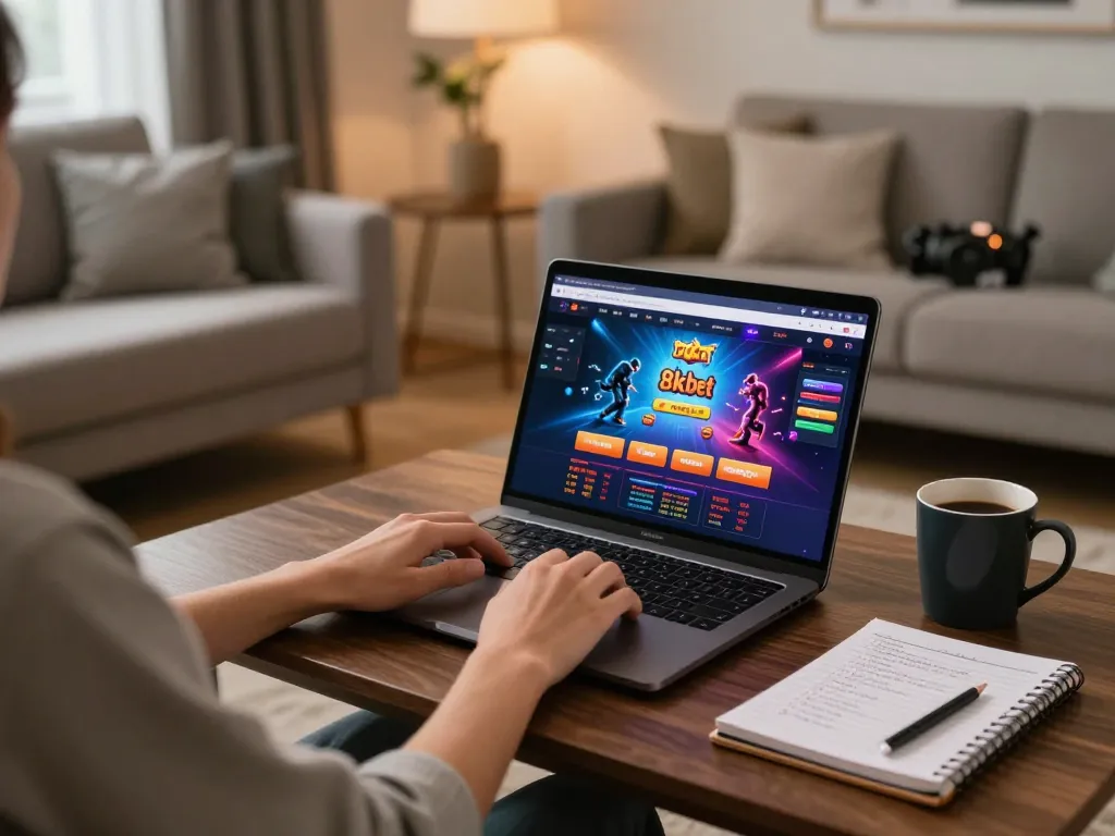 Engaging in online gaming on the 8kbet platform from a cozy living room with stylish decor.