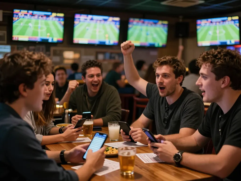 Sports bettors engaging in strategy discussion at TIP88, surrounded by screens showing live games.