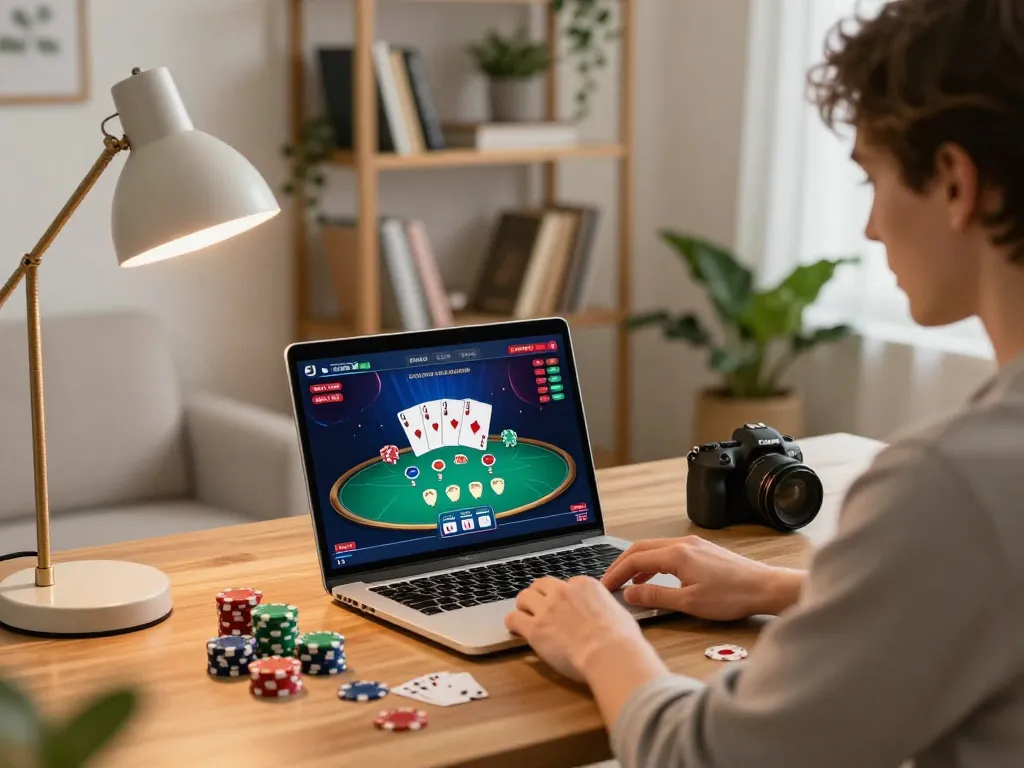Player strategizing with SC88 poker game on laptop in cozy home office setup