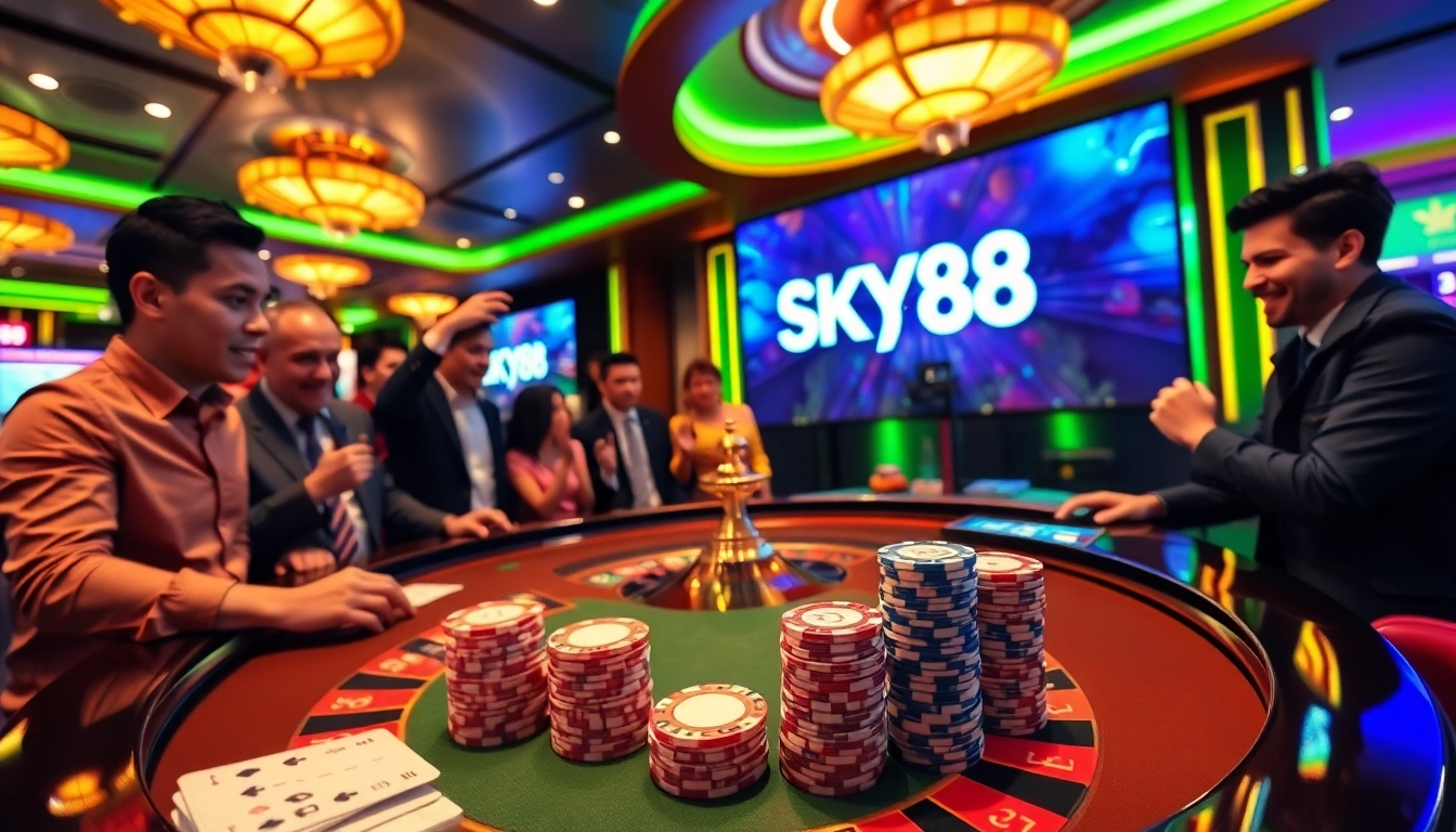 Exciting casino atmosphere featuring SKY88 logo amidst thrilling poker and roulette action.