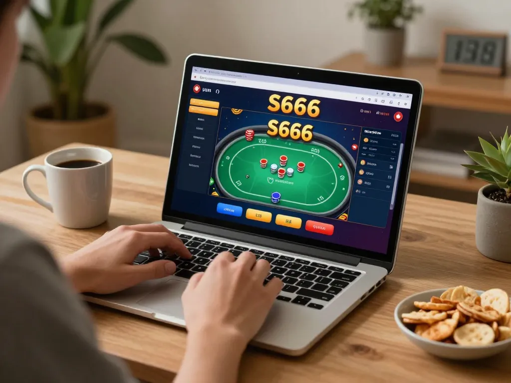 Play online poker on S666 with a cozy home setup, featuring a laptop and snacks.