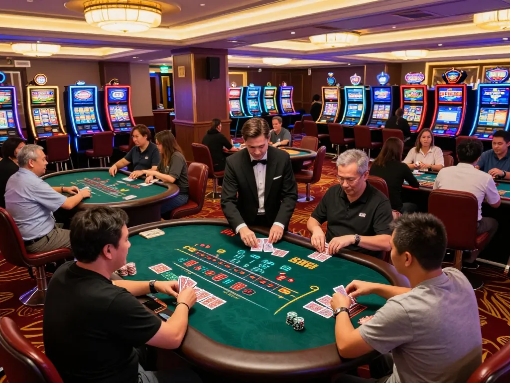 House of excitement at nhà cái mm88, players engaged in thrilling blackjack gameplay amidst vibrant casino atmosphere.