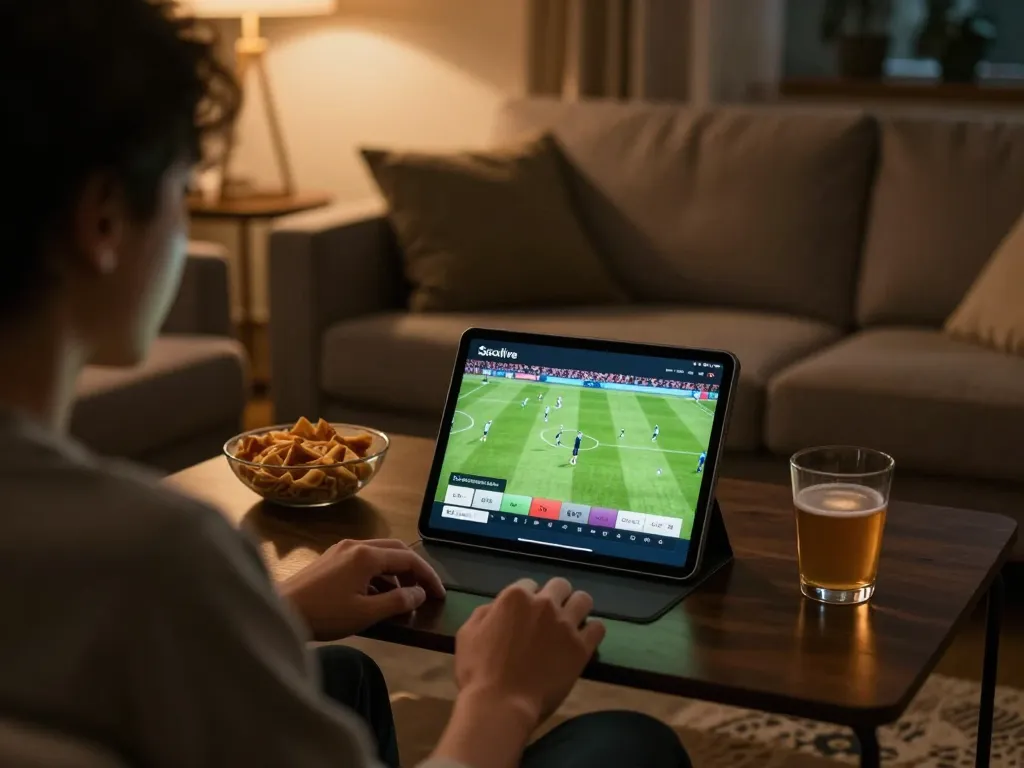 Socolive user engaged in live football streaming at home amid snacks, showcasing immersive viewing.