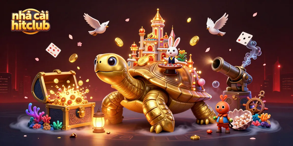 Engage with Nhà cái hitclub, full of vibrant casino activity featuring a golden tortoise and a rabbit dealer.