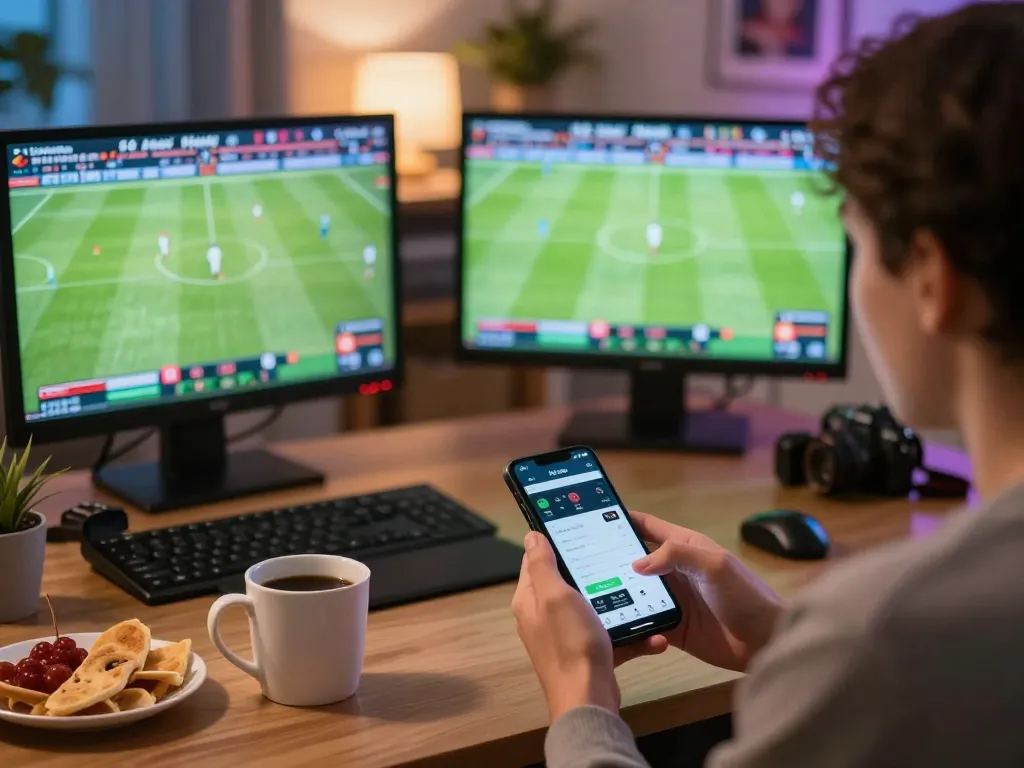 Engaging sports betting scene featuring a person using kèo nhà cái app on a smartphone with live football matches displayed on screens.