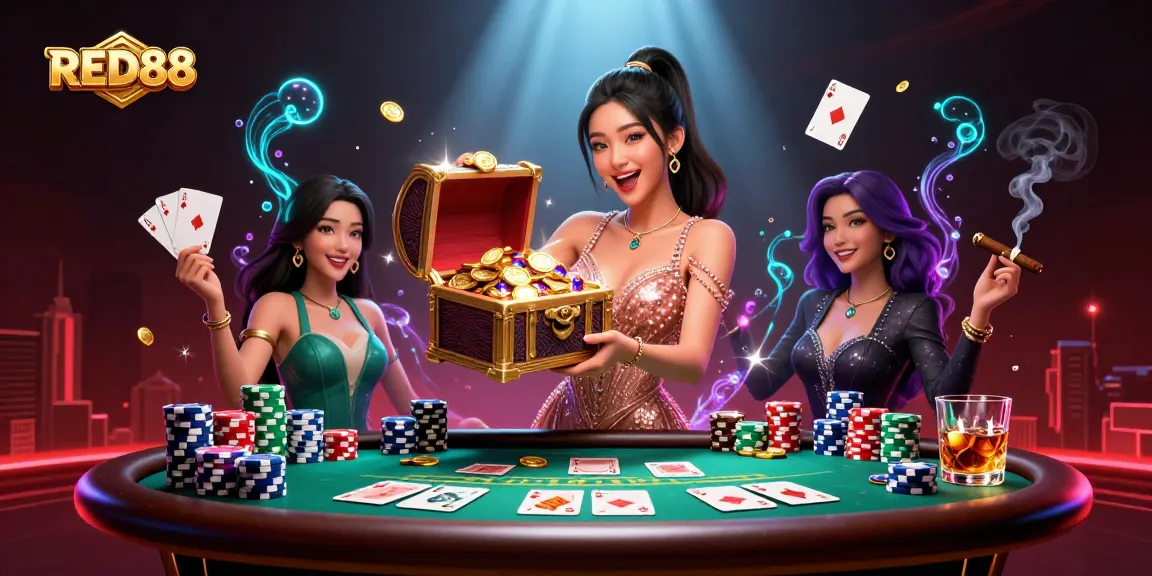 Experience the thrill of RED88 with a stunning treasure chest and poker elements, showcasing high-stakes excitement.