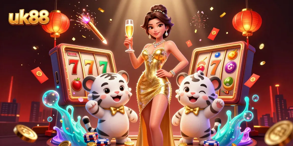 Play exciting slots at uk88 with a glamorous woman and a lucky tiger amidst golden coins and vibrant elements.
